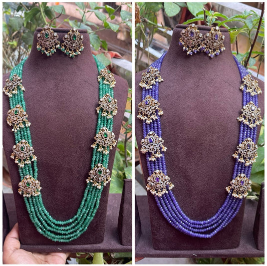 five layered antique peacock long mala necklace with earrings - Alluring Accessories