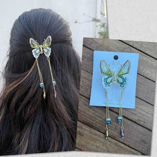 Florescent blue green pearl butterfly hanging clip - Alluring Accessories