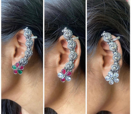 Flower AD stone silver look alike Peacock earcuffs - Alluring Accessories