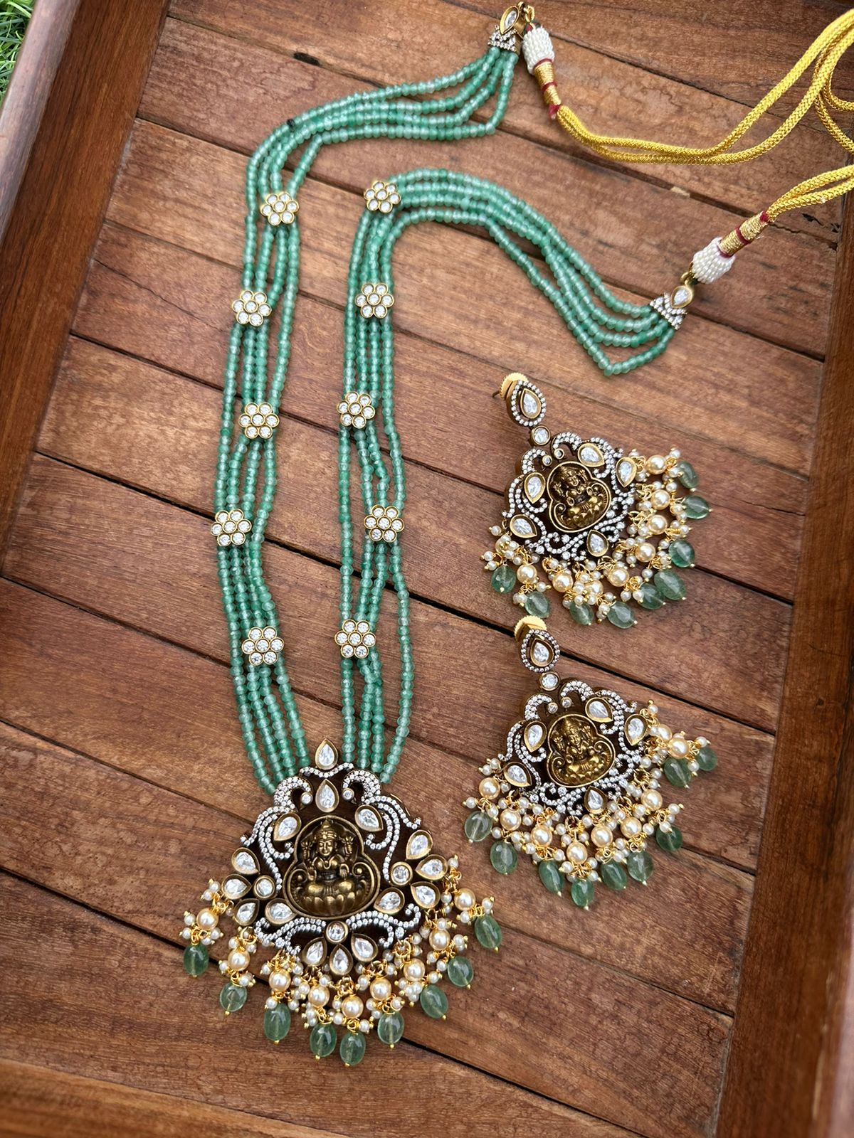 Flower embossed victorian Antique lakshmi long mala with earrings - Alluring Accessories