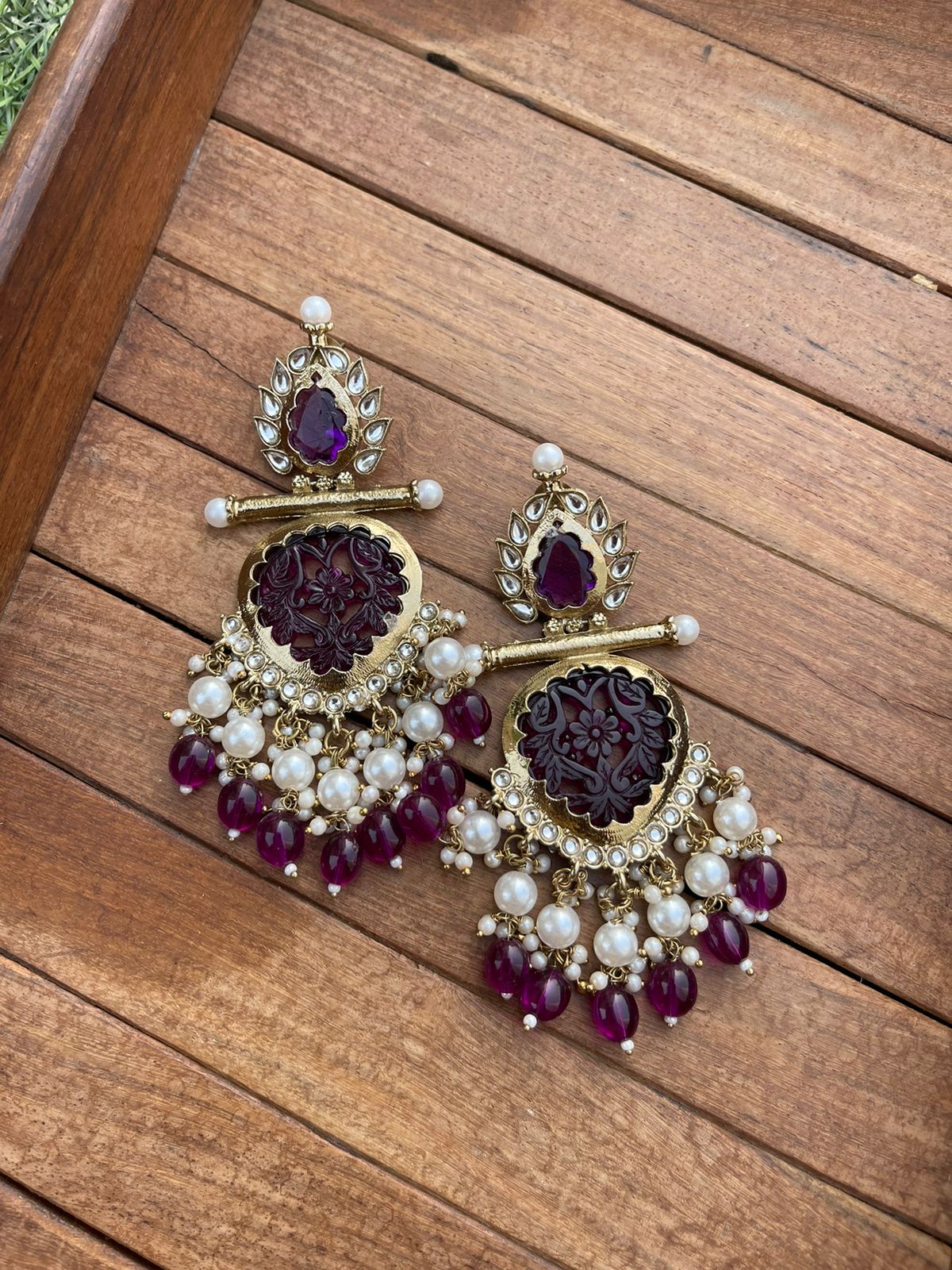 Flower kundan embossed partywear earrings - Alluring Accessories