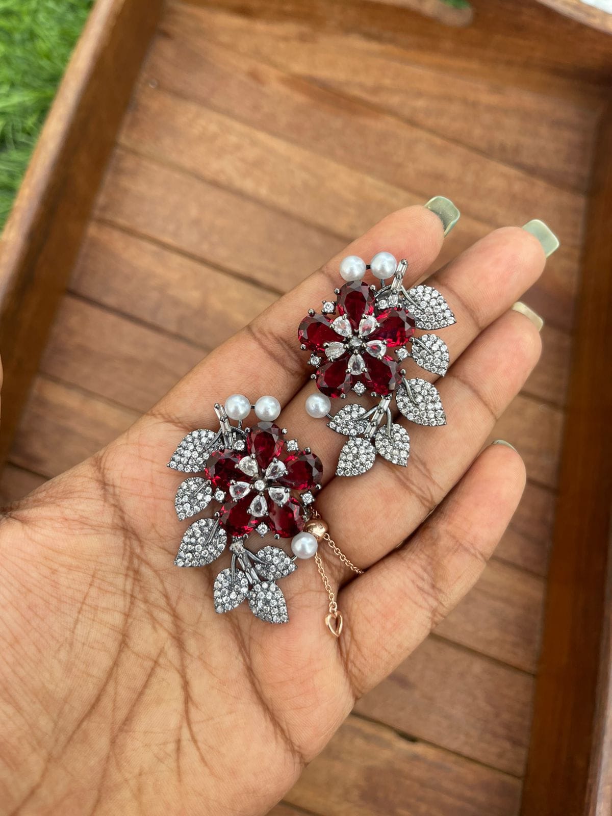 Flower stem leaf zircon studs - Alluring Accessories