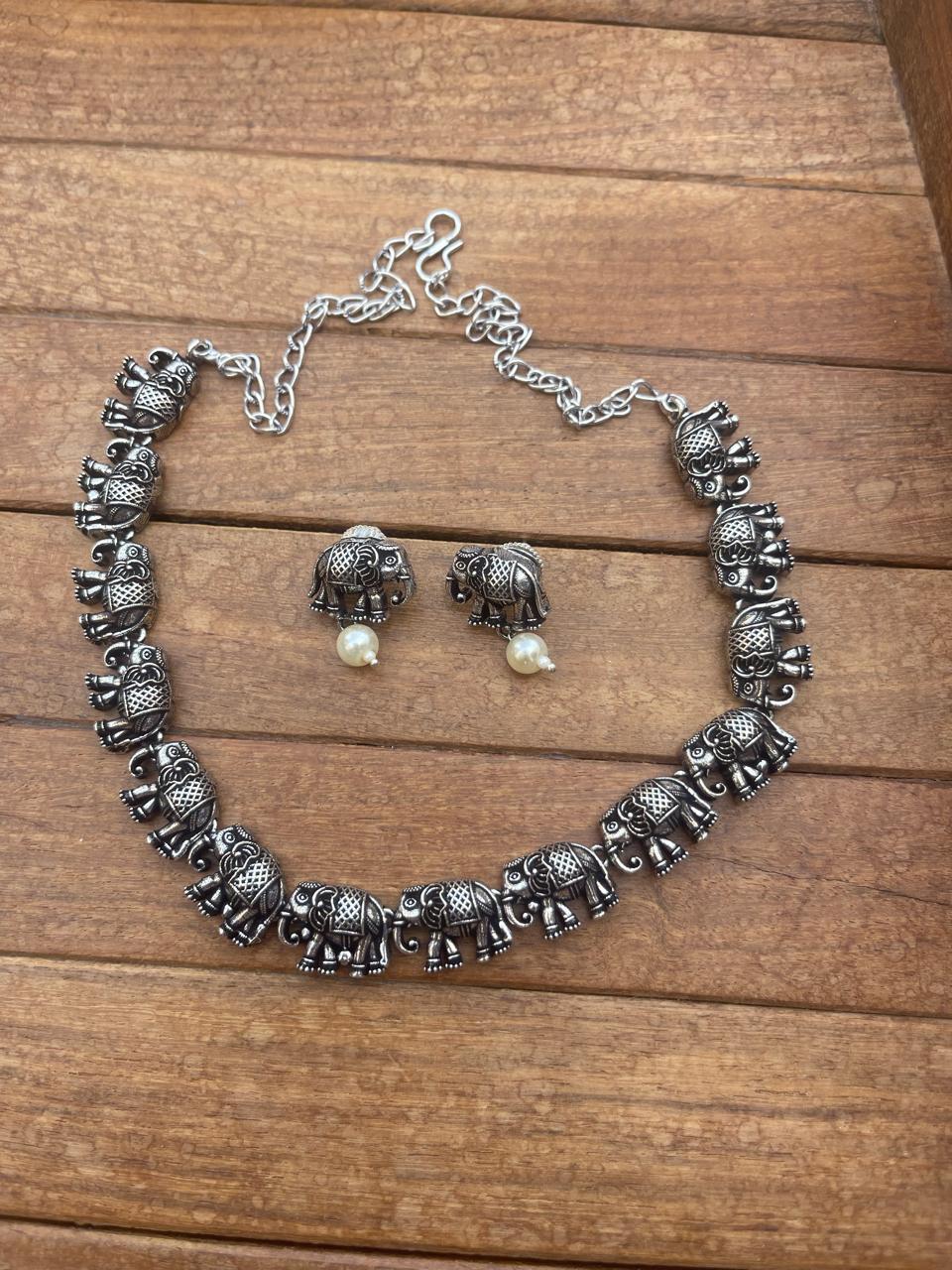 Full of elephant oxidised necklace with earrings - Alluring Accessories