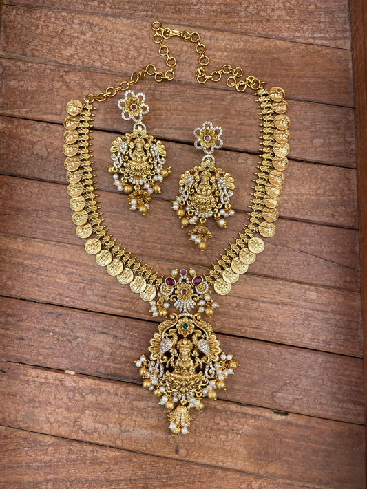 Full of kasu peacock lakshmi devi necklace with matching earrings - Alluring Accessories