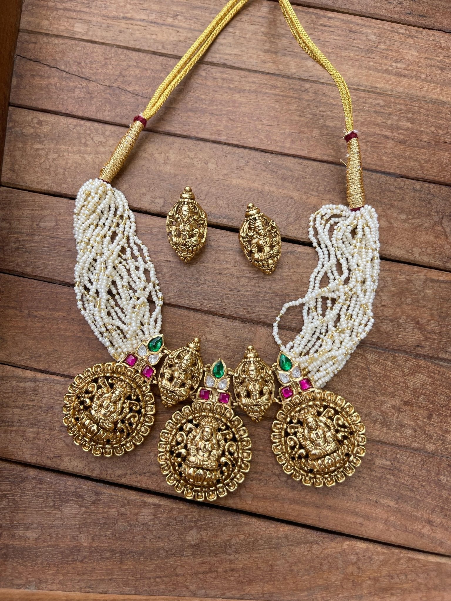 Full of pearl lakshmi antique real kundan necklace with earrings - Alluring Accessories