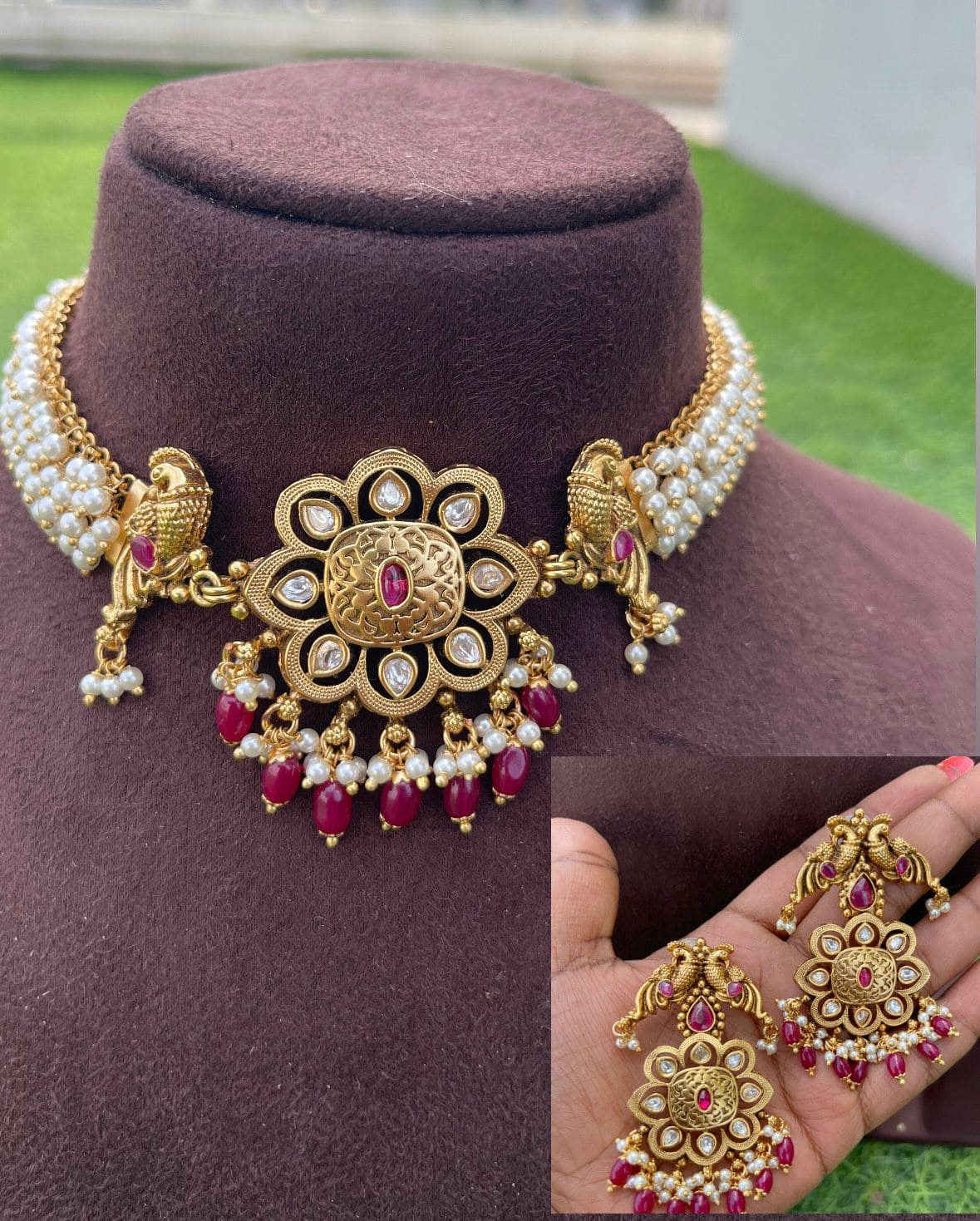 Full of pearls Antique peacock necklace with heavy look earrings - Alluring Accessories