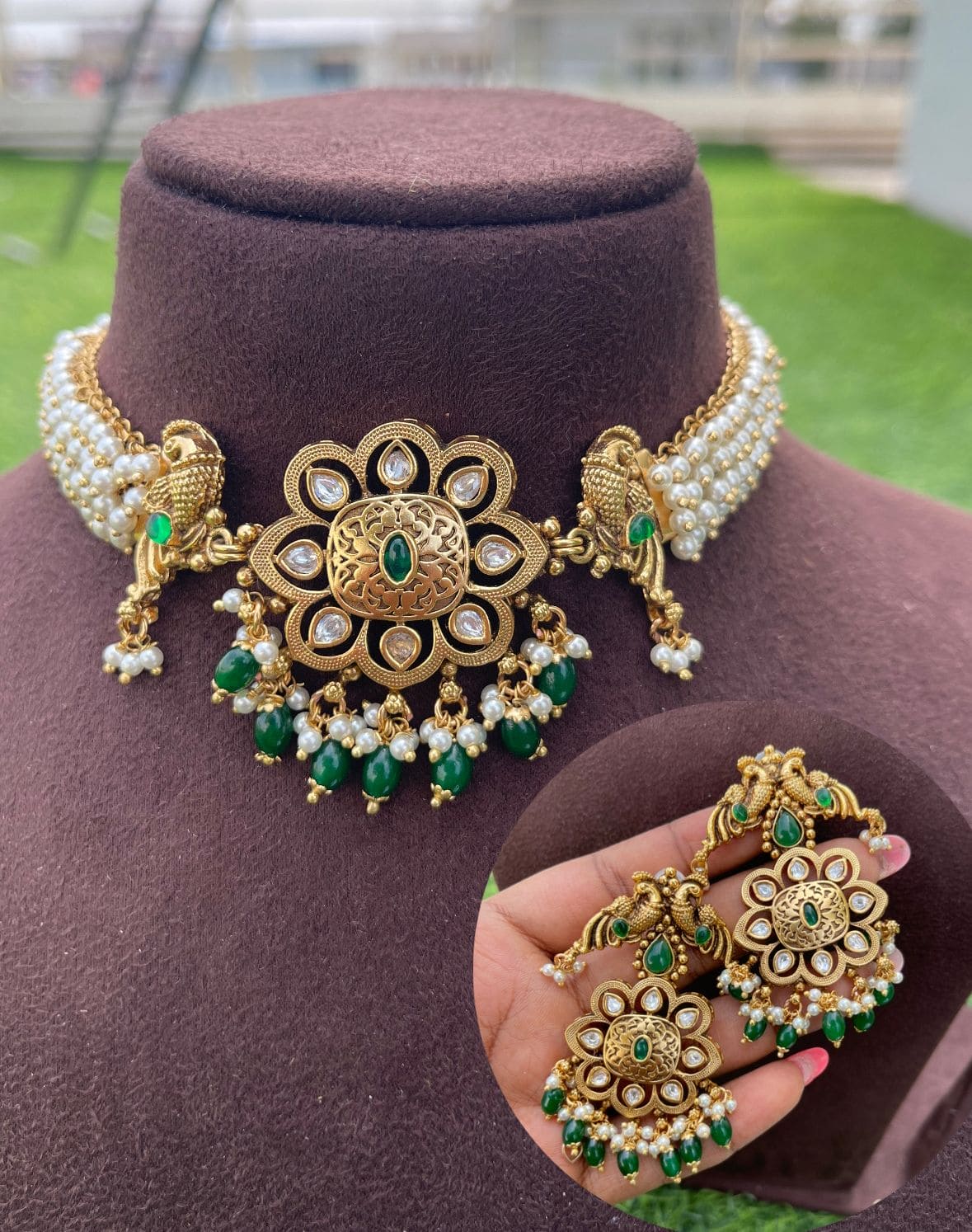 Full of pearls Antique peacock necklace with heavy look earrings - Alluring Accessories