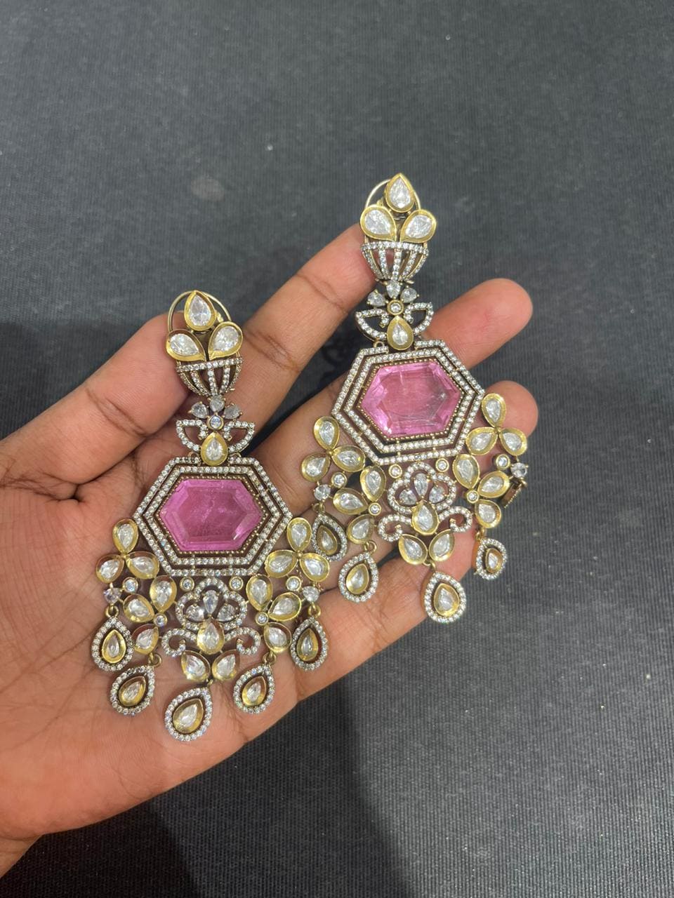 Glass kundan hexagon partywear earrings - Alluring Accessories