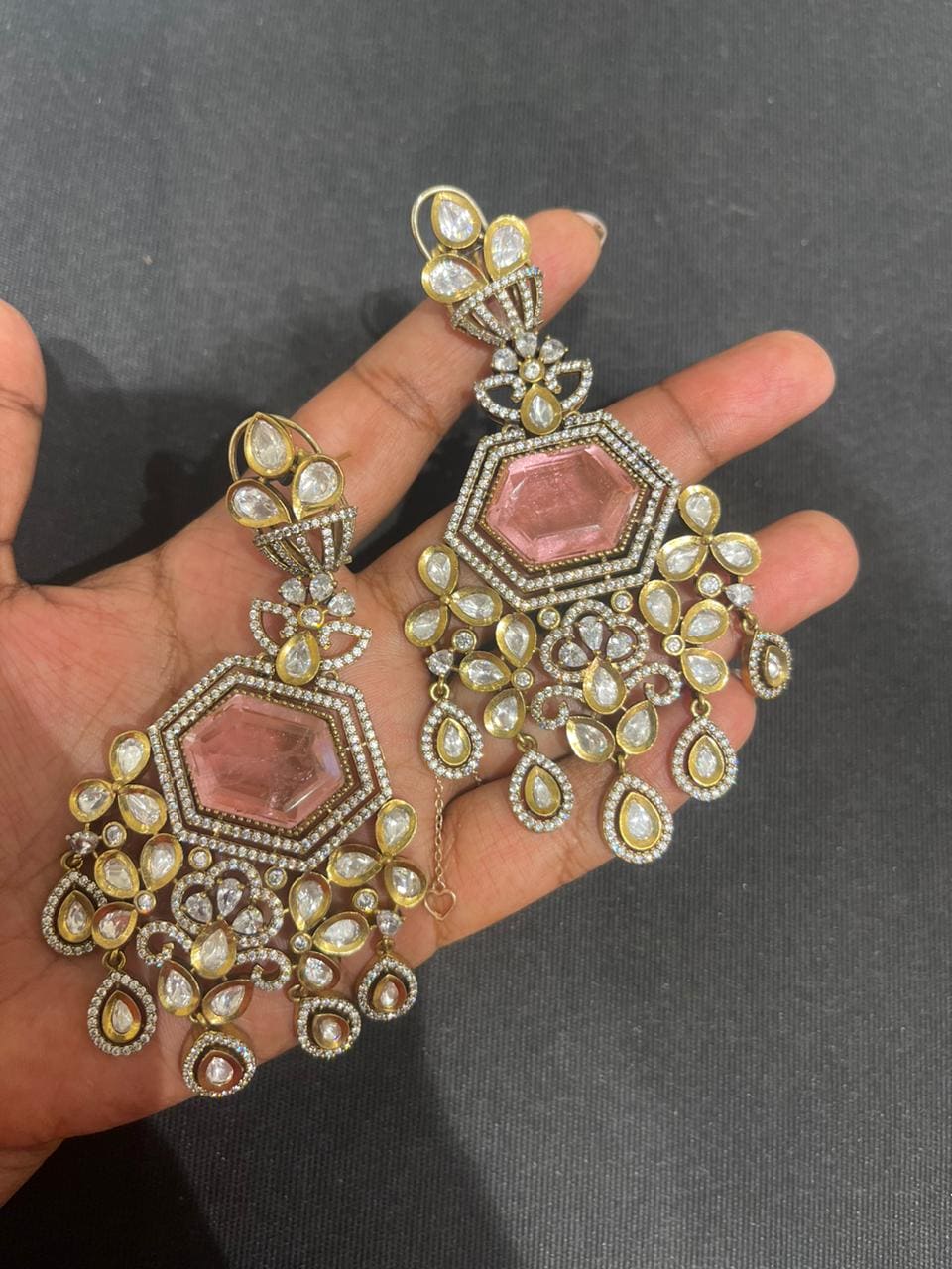 Glass kundan hexagon partywear earrings - Alluring Accessories