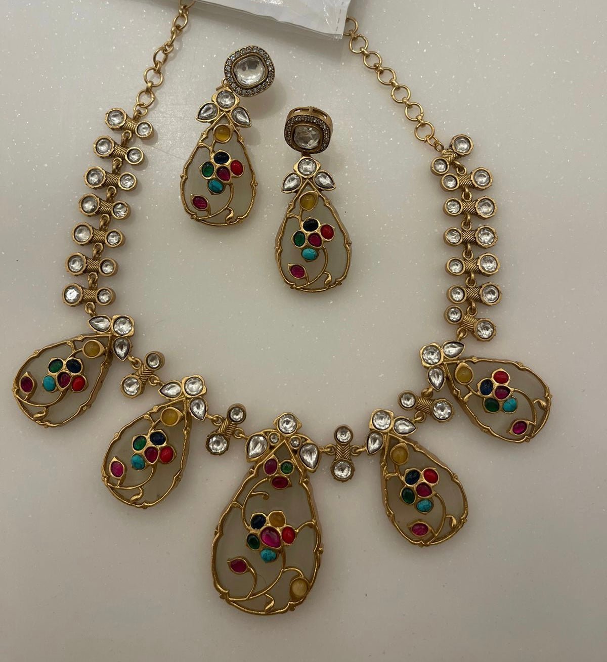 Glass stone real kundan navaratan necklace - Alluring Accessories