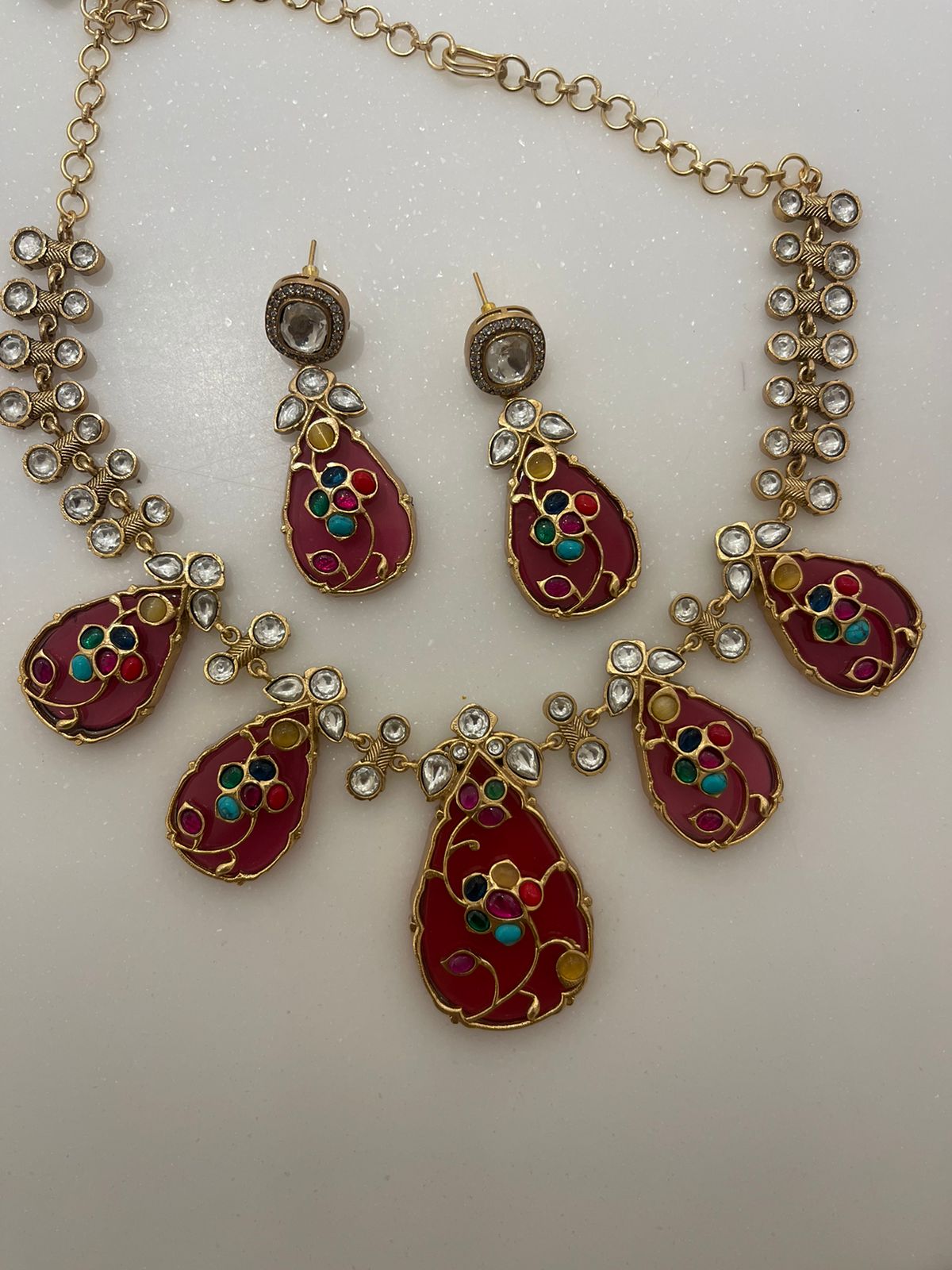 Glass stone real kundan navaratan necklace - Alluring Accessories