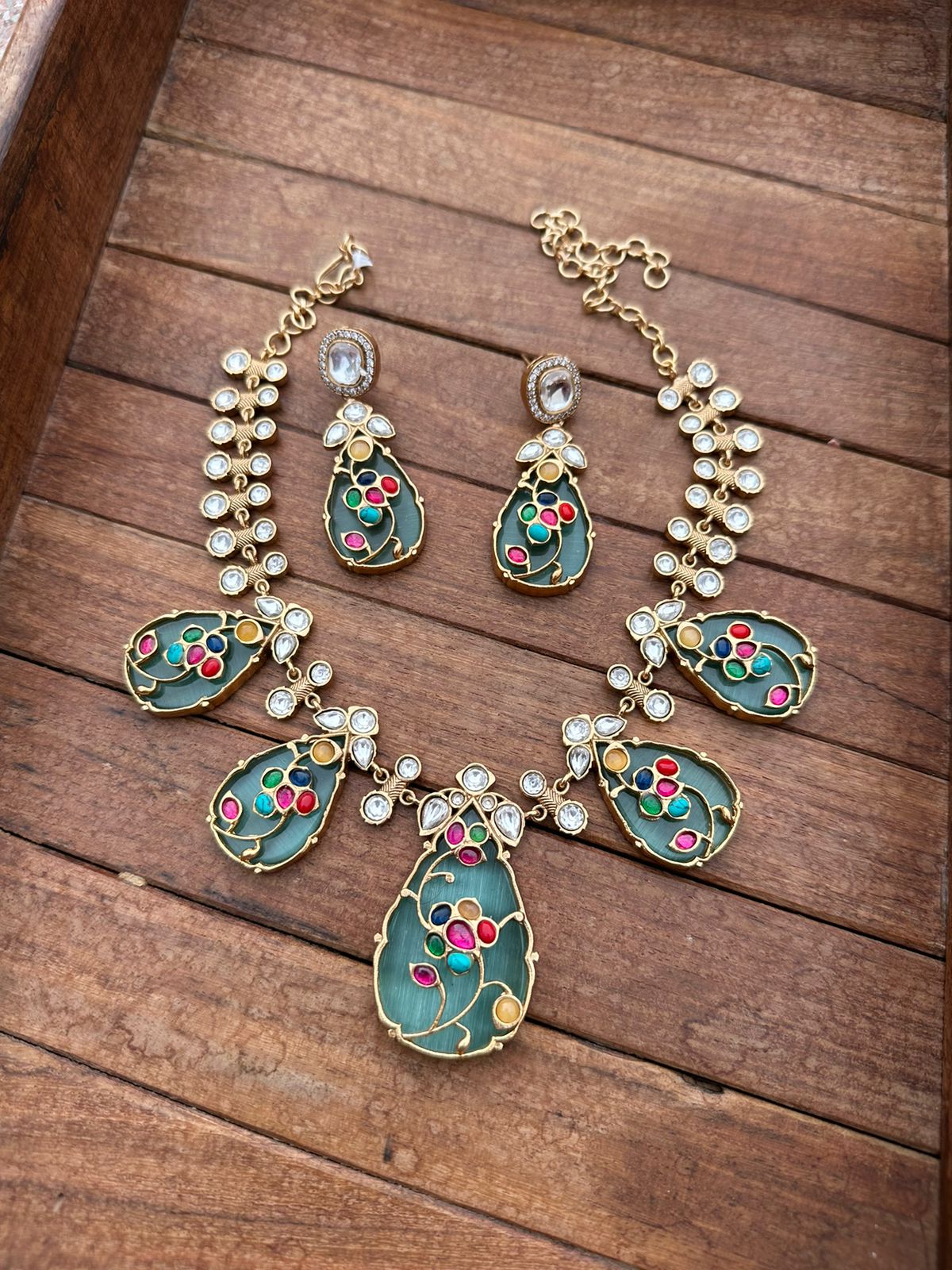 Glass stone real kundan navaratan necklace - Alluring Accessories