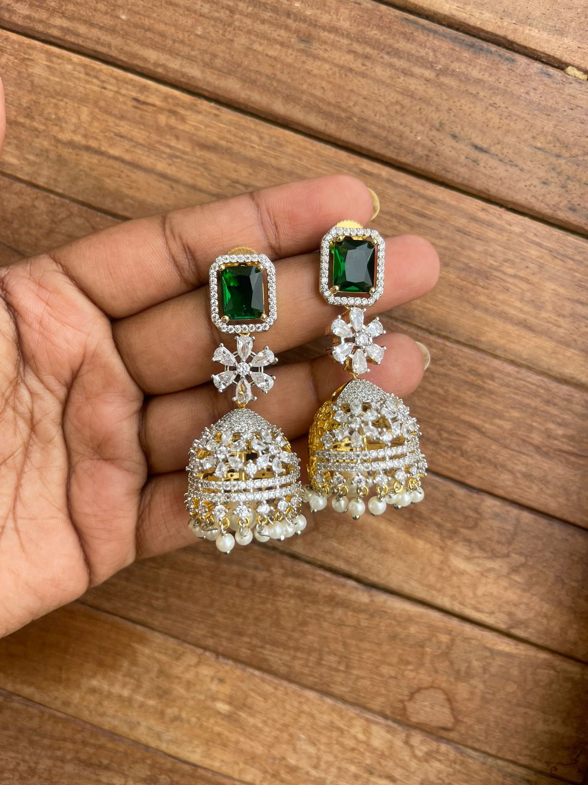 Green flower diamond finish jhumkas - Alluring Accessories