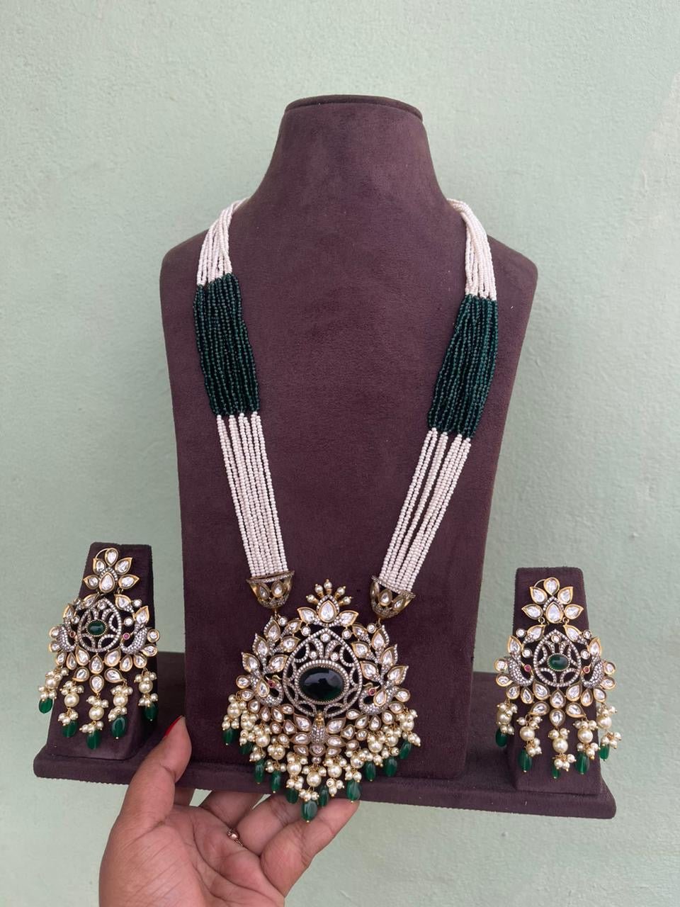 Green heavy peacock locket long dual shade haram with big chandbalis - Alluring Accessories