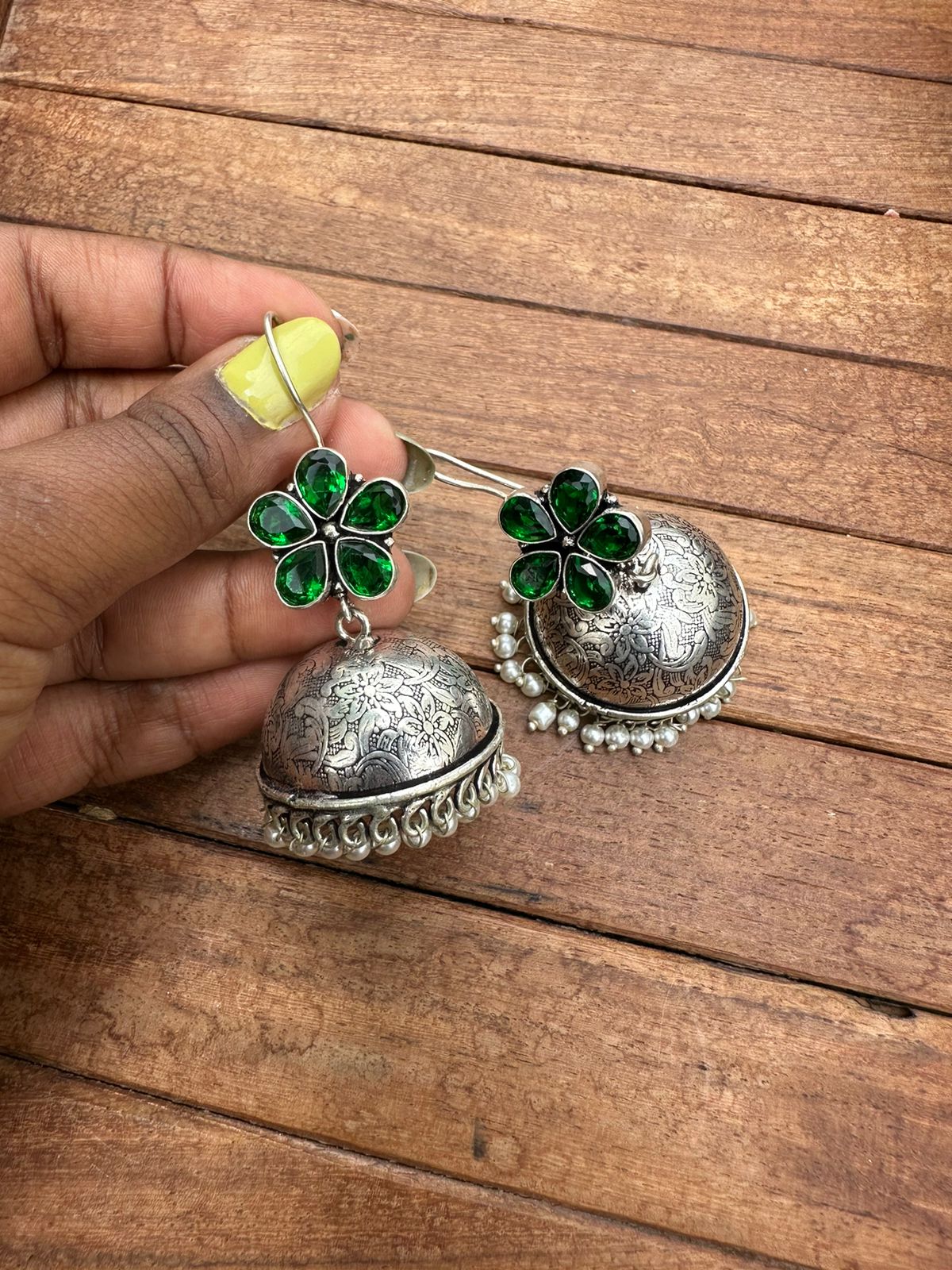 Green hook oxidised jhumkas - Alluring Accessories