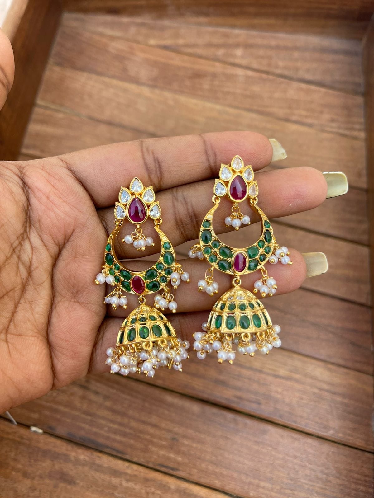 Green kemp chandbali jhumkas - Alluring Accessories