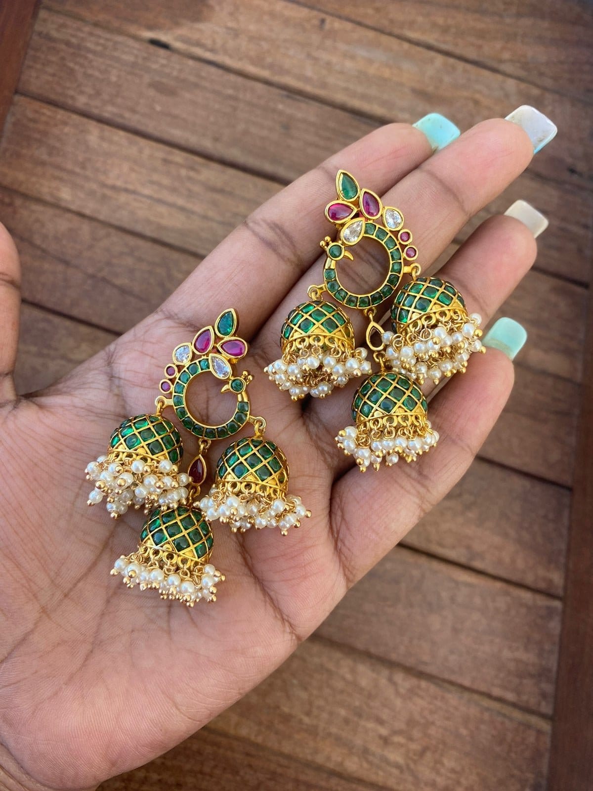 Green peacock kemp three jhumkas - Alluring Accessories