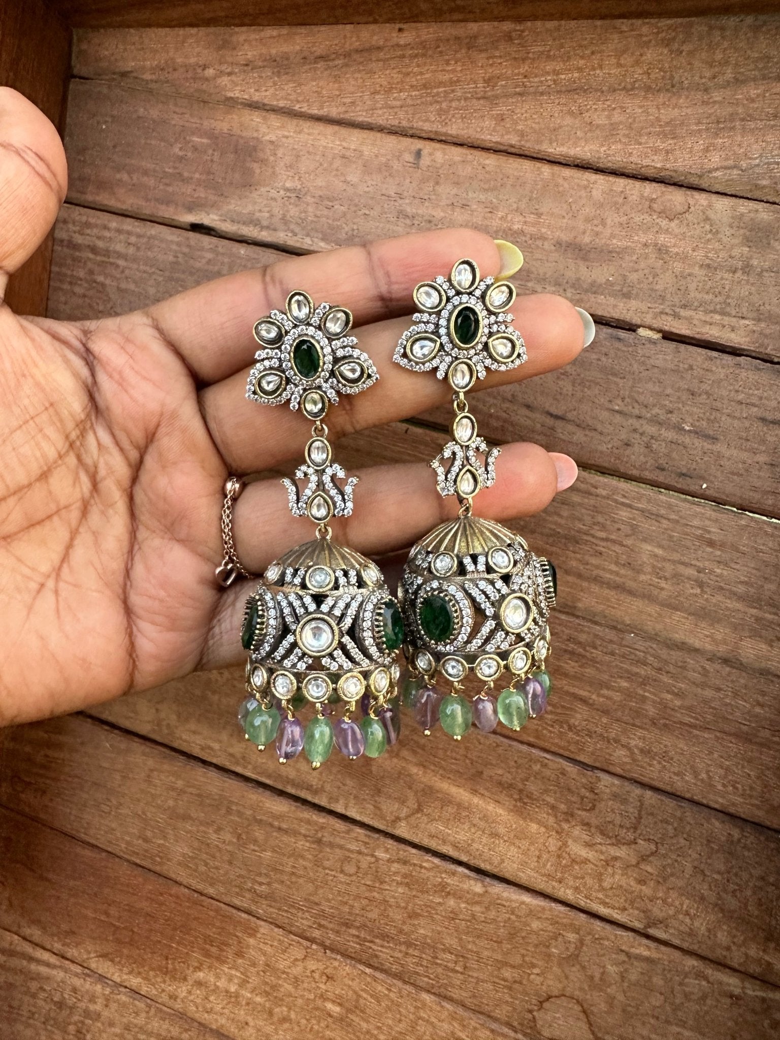 Green purple shade victorian long jhumkas - Alluring Accessories