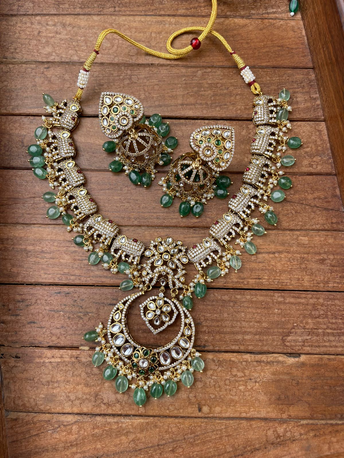 Heavy chandbali locket elephant victorian necklace with jhumkas - Alluring Accessories