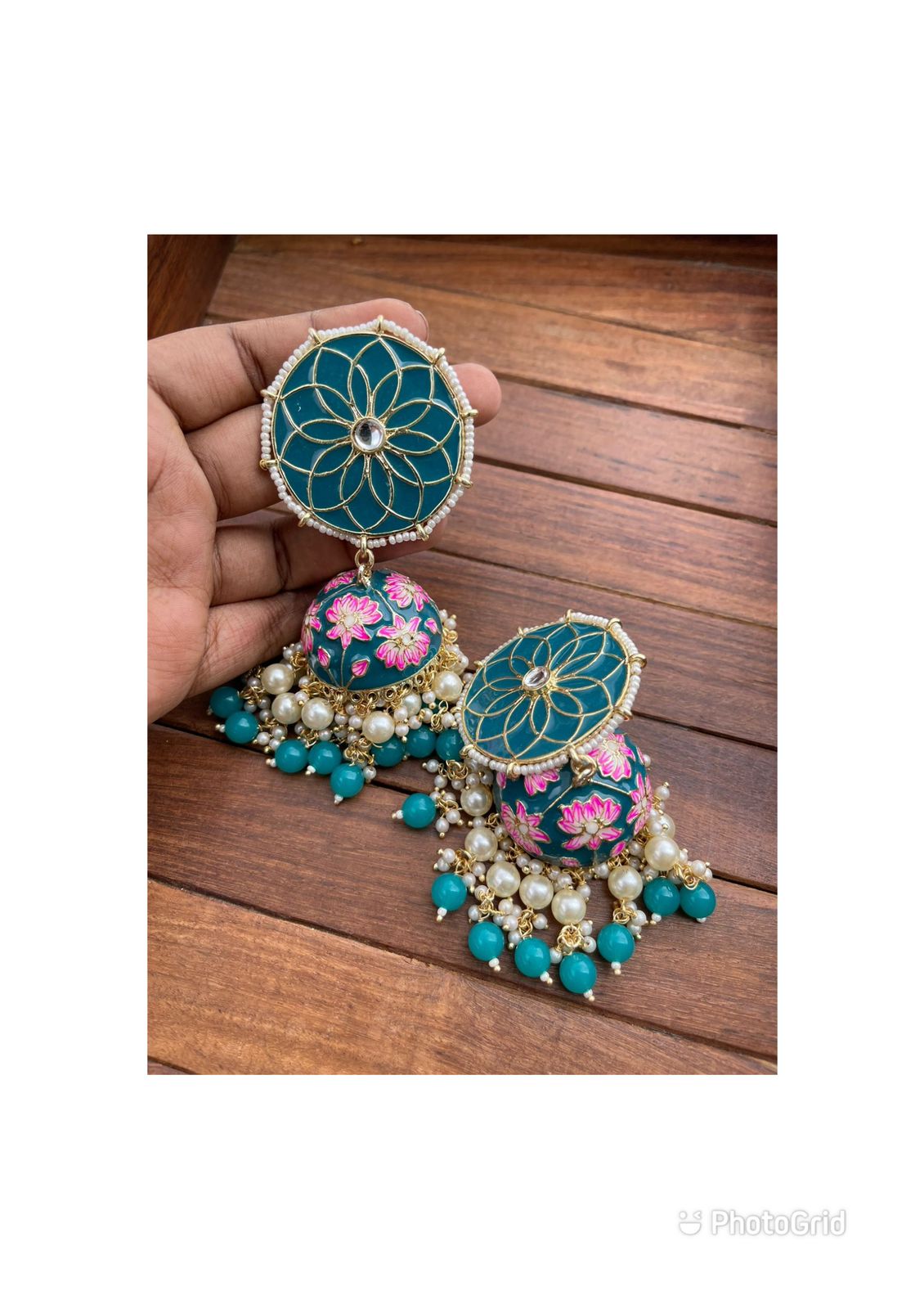 Heavy weight double pearl lotus meenakari jhumkas - Alluring Accessories