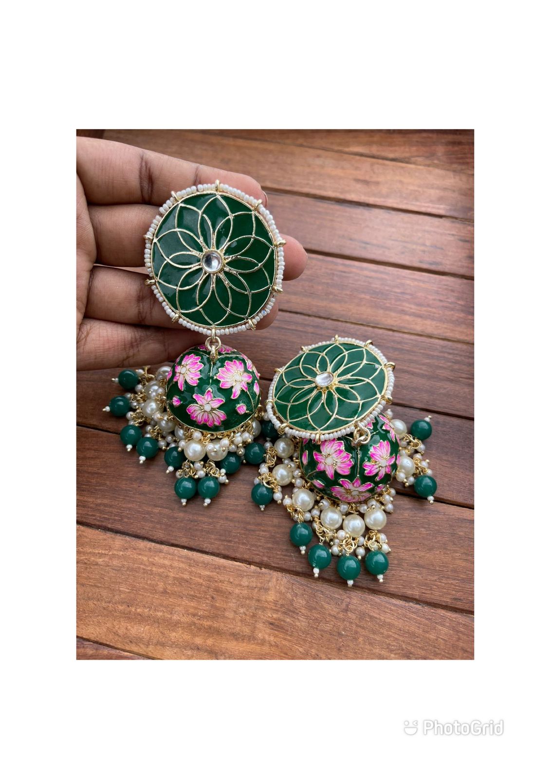 Heavy weight double pearl lotus meenakari jhumkas - Alluring Accessories