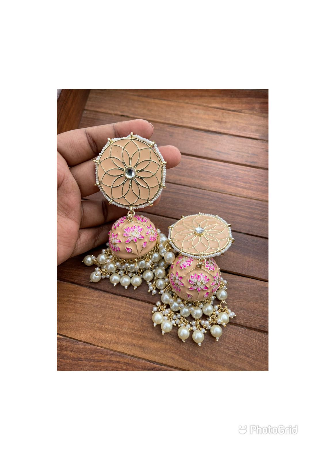 Heavy weight double pearl lotus meenakari jhumkas - Alluring Accessories