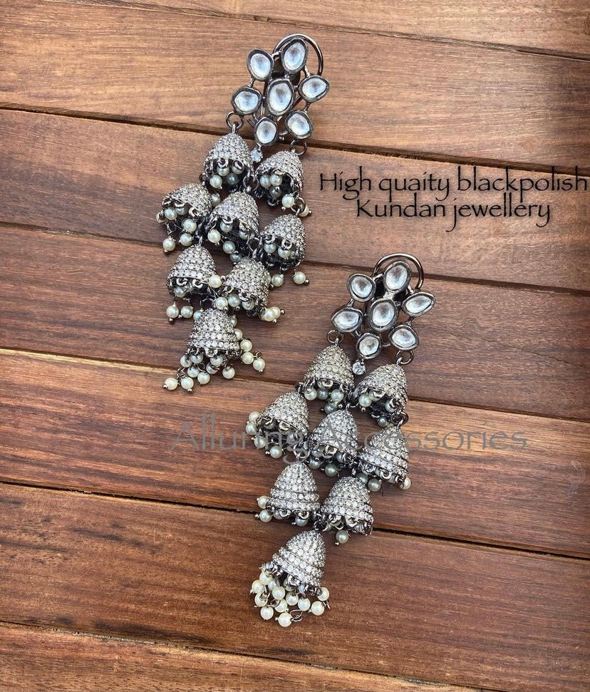 High quality black polish layered kundan jhumkas - Alluring Accessories