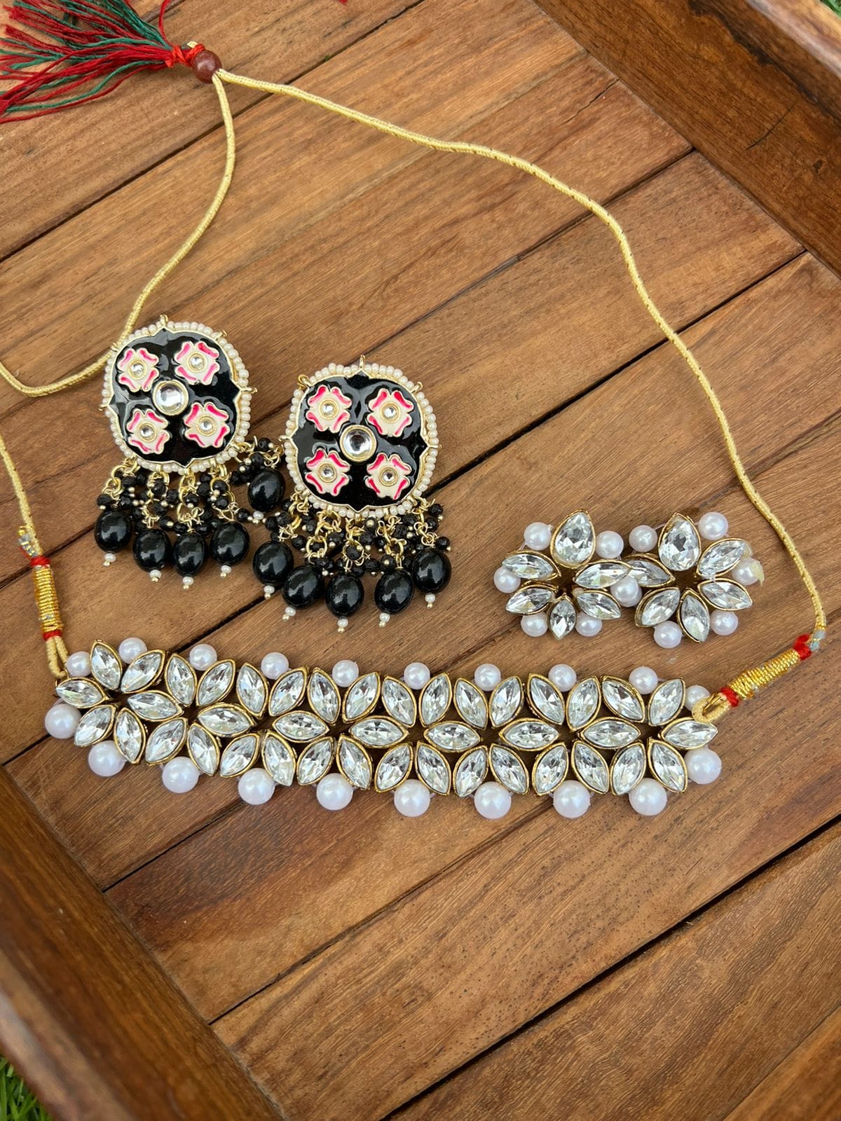 Kundan choker and square pearl earrings combo - Alluring Accessories