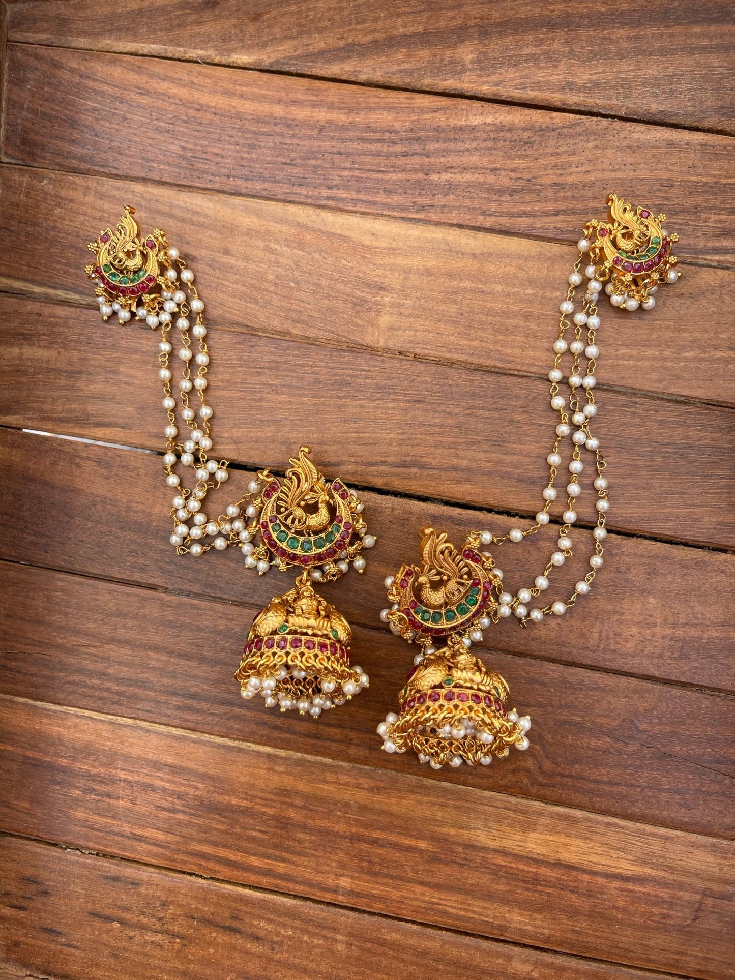 Lakshmi jhumkas with hairstring pin attached with pearls - Alluring Accessories