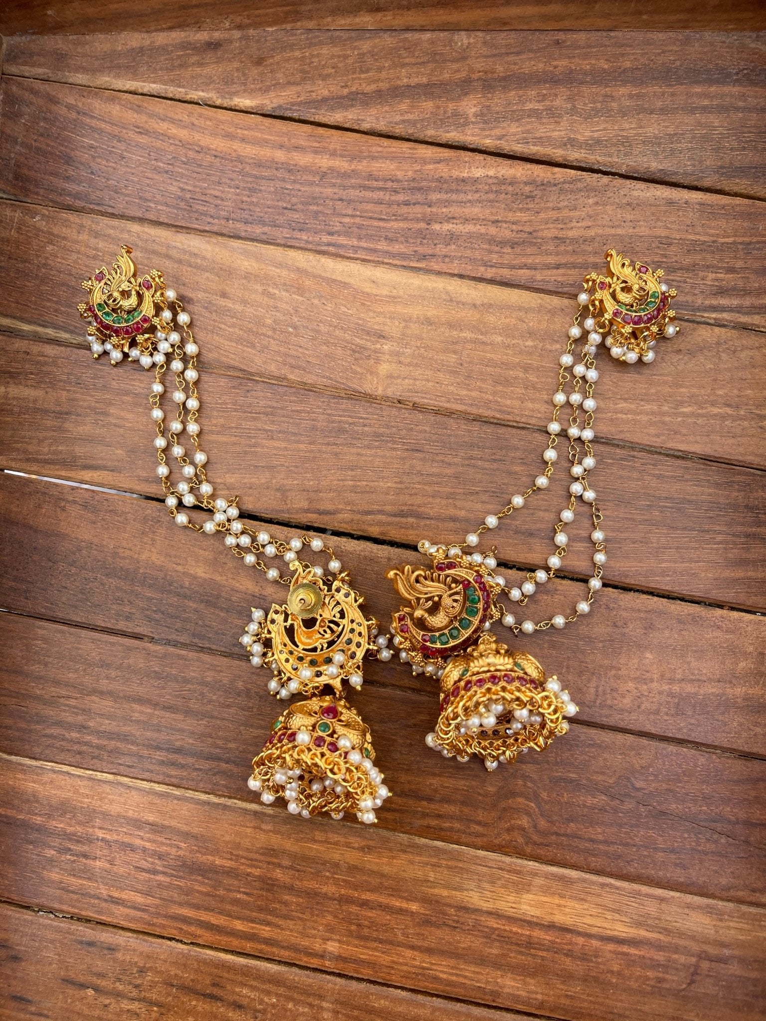 Lakshmi jhumkas with hairstring pin attached with pearls - Alluring Accessories