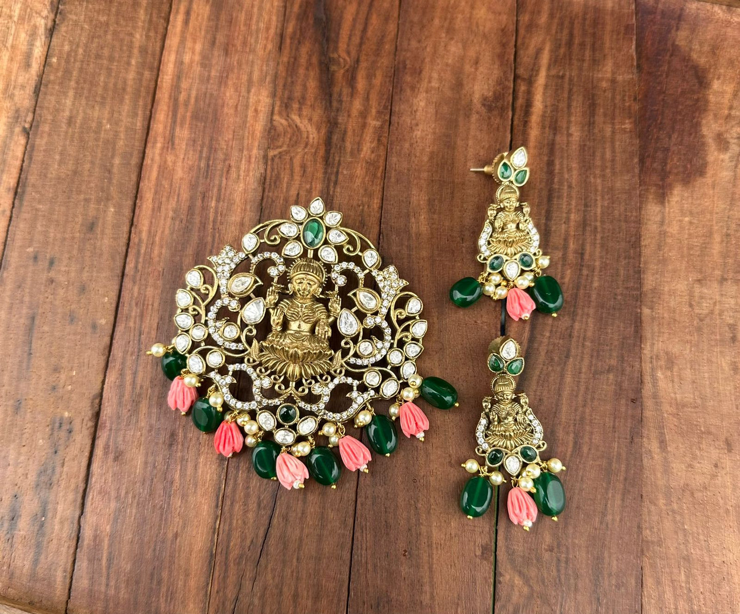 Lakshmi locket with earrings pumpkin beads - Alluring Accessories