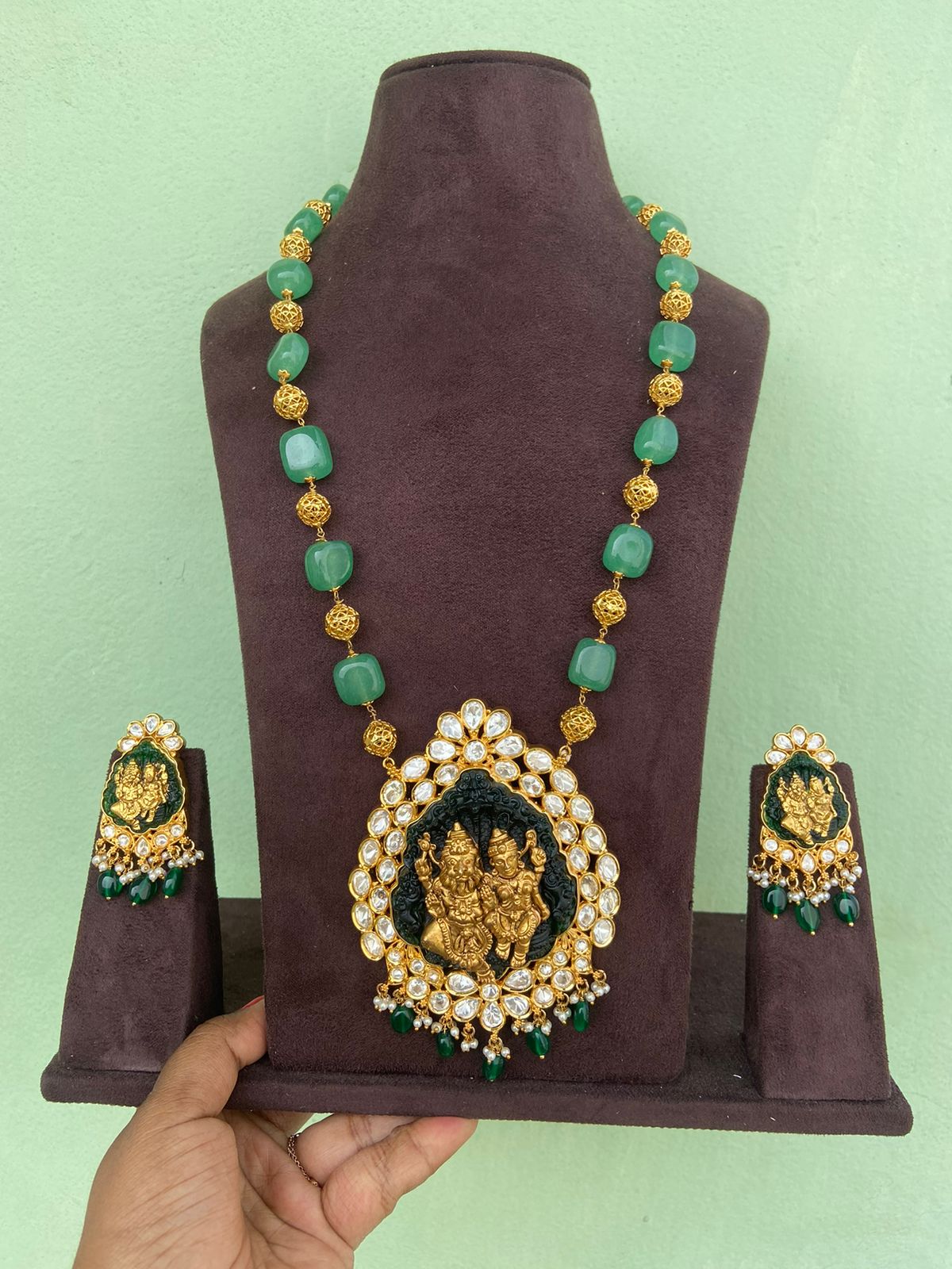 Lakshmi Narasimha Swamy moissnanite stone antique long haram with earrings - Alluring Accessories