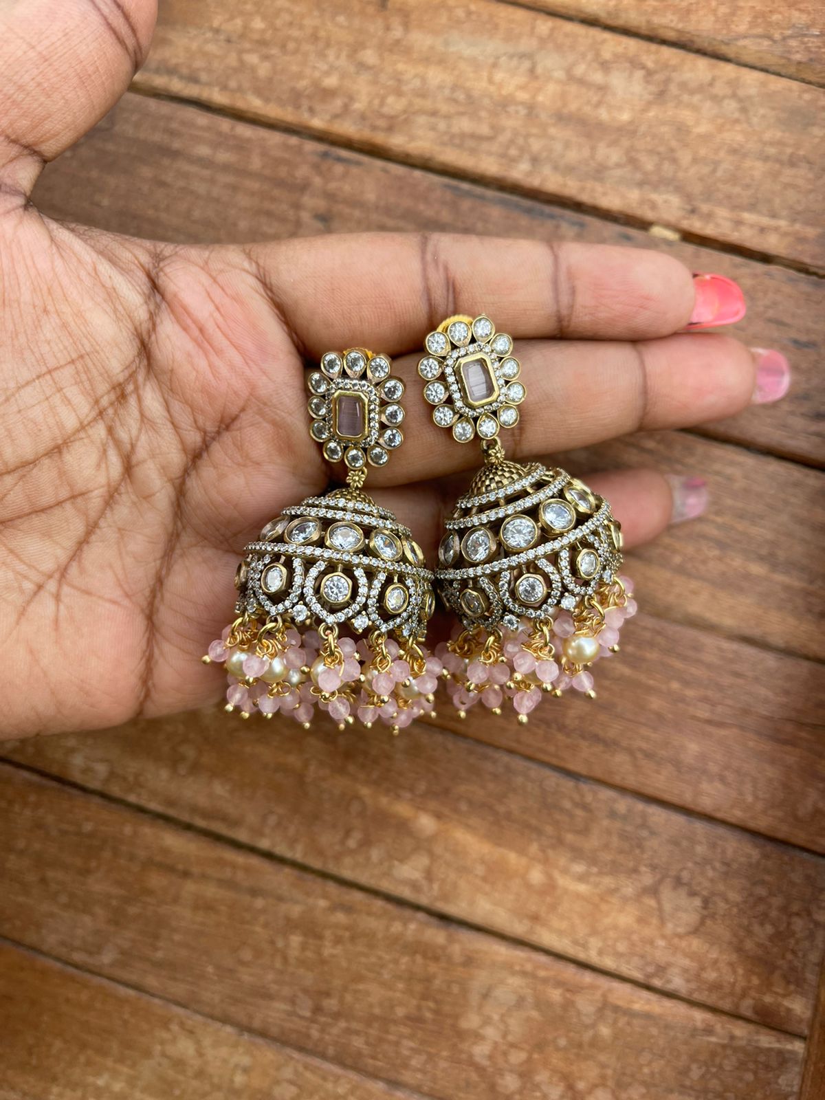 Lightweight two layered pearls polki jhumkas - Alluring Accessories