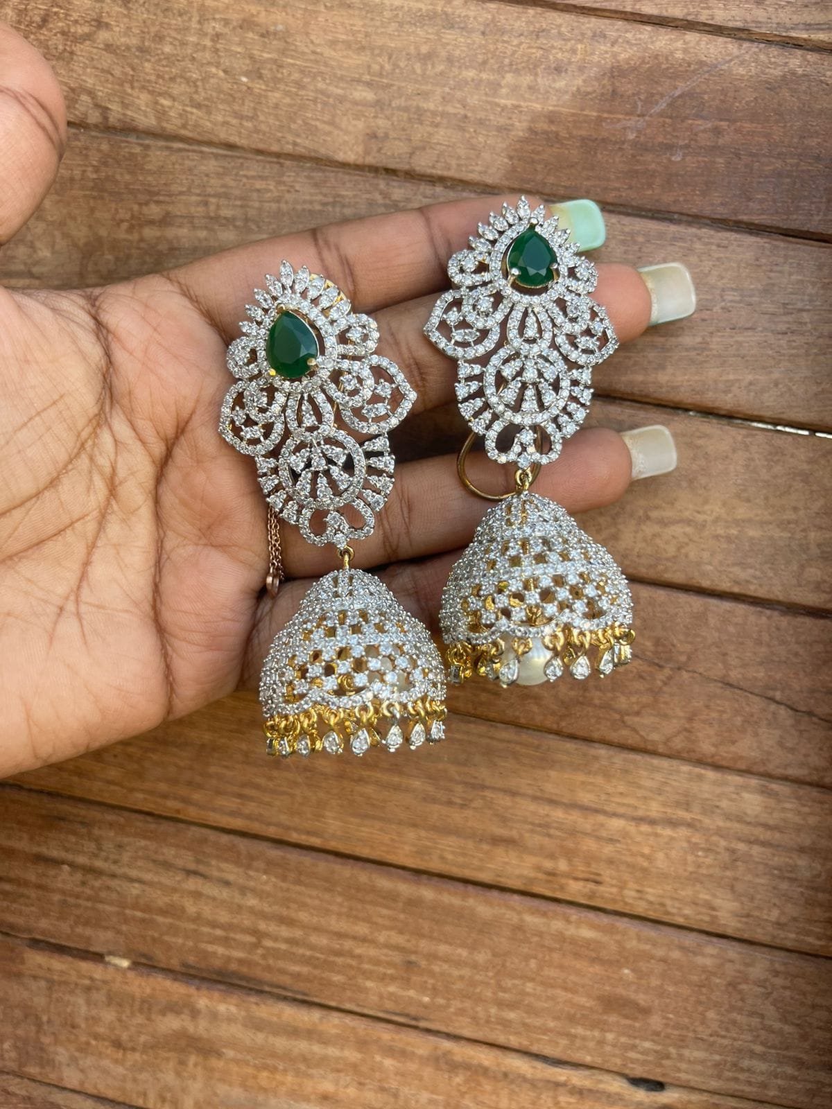 Long diamond finish green jhumkas - Alluring Accessories