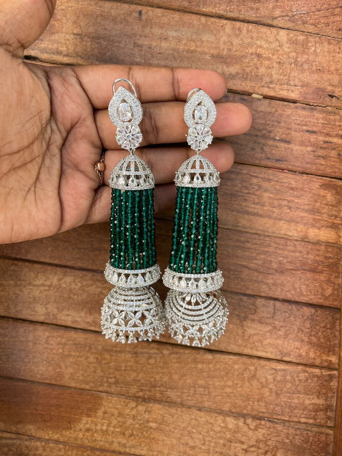 Long green zircon onyx bead jhumkas - Alluring Accessories