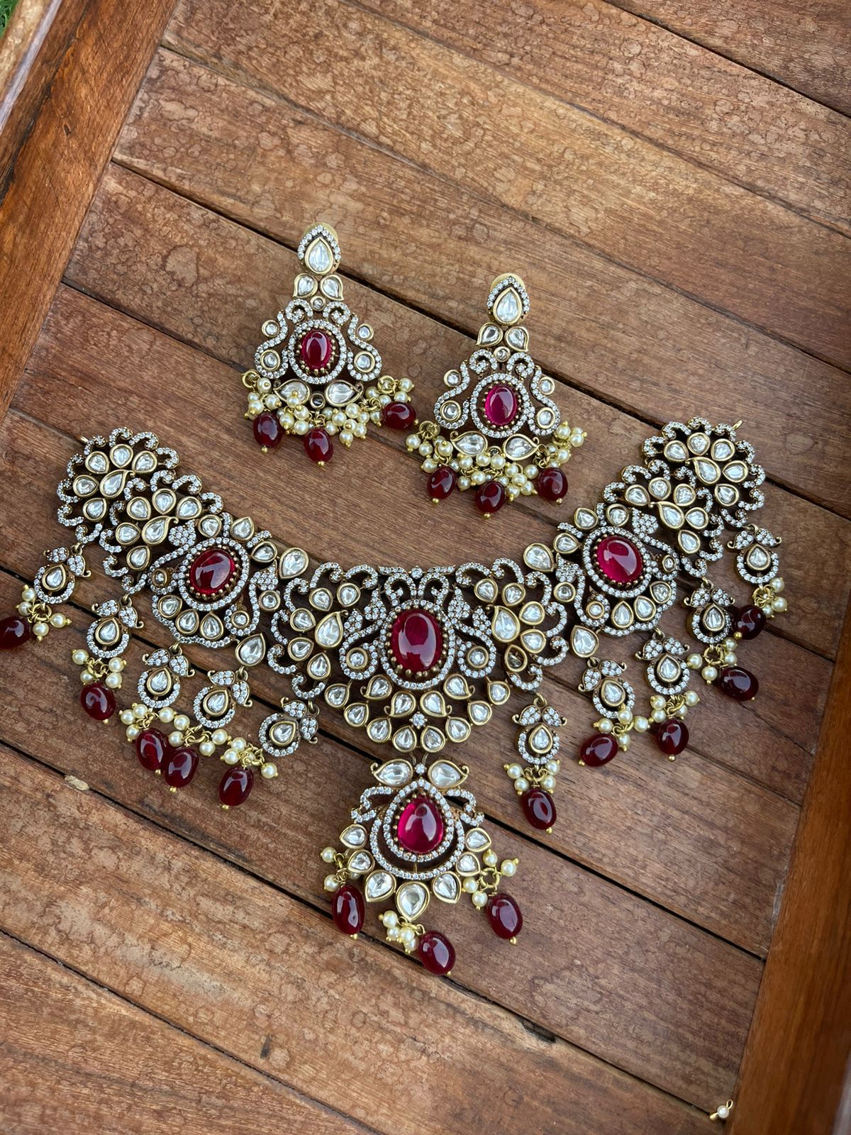 Maroon heavy four stone victorian necklace with earrings - Alluring Accessories