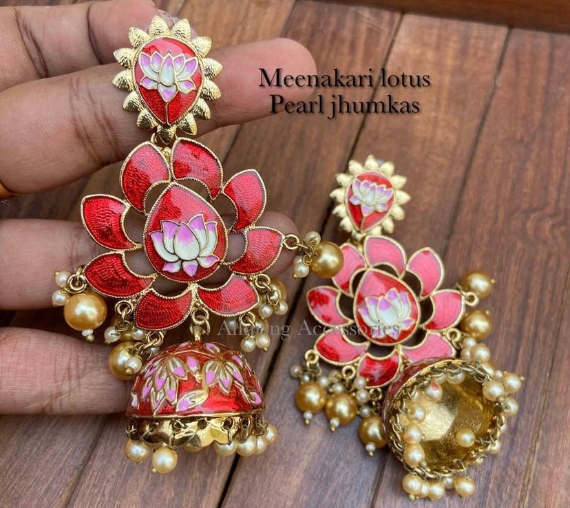 Meenakari lotus pearl jhumkas - Alluring Accessories