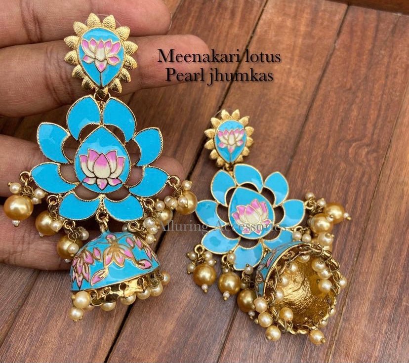 Meenakari lotus pearl jhumkas - Alluring Accessories