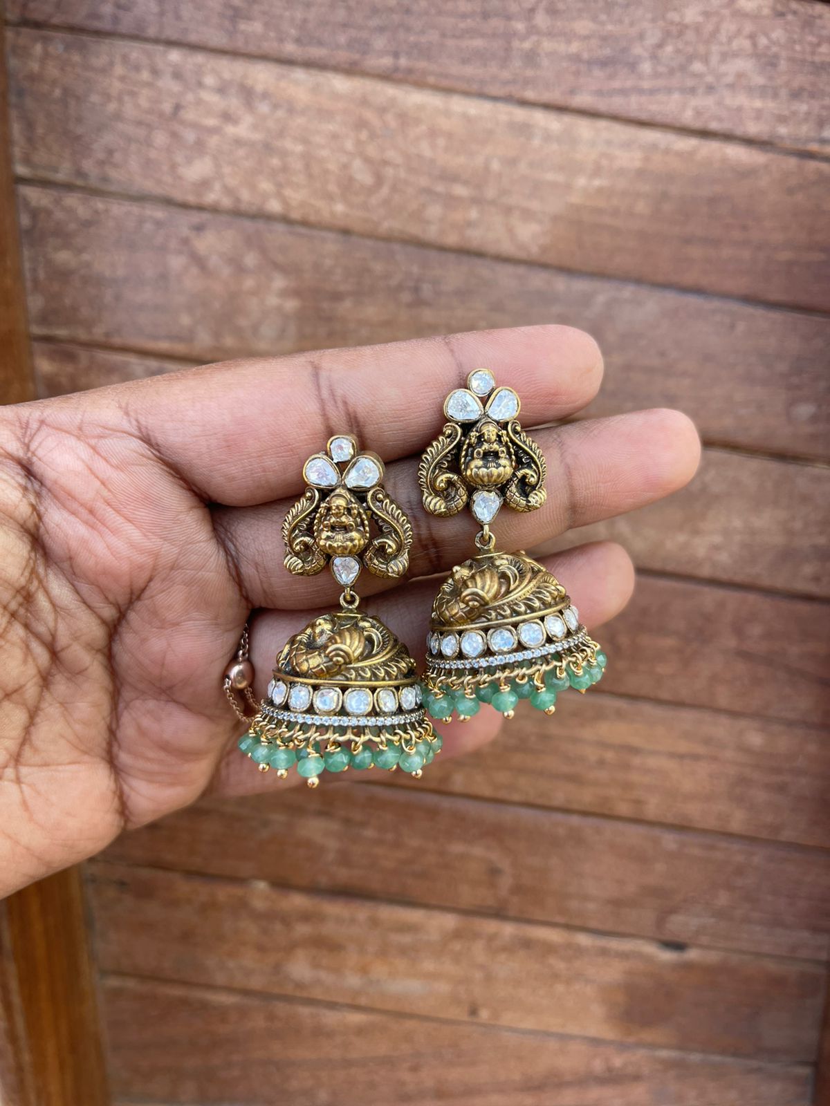 Moissanite antique Lakshmi peacock jhumkas - Alluring Accessories