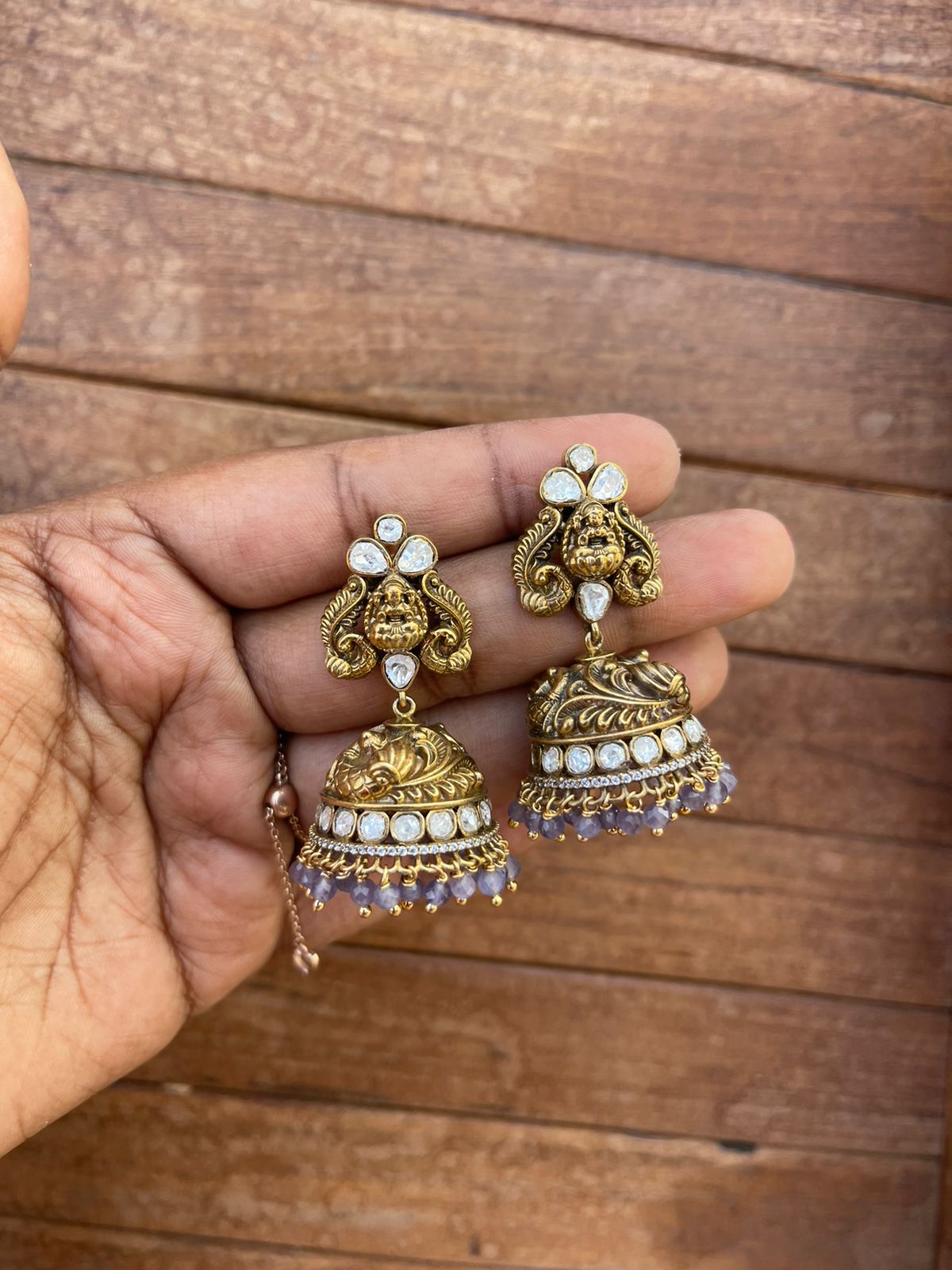 Moissanite antique Lakshmi peacock jhumkas - Alluring Accessories