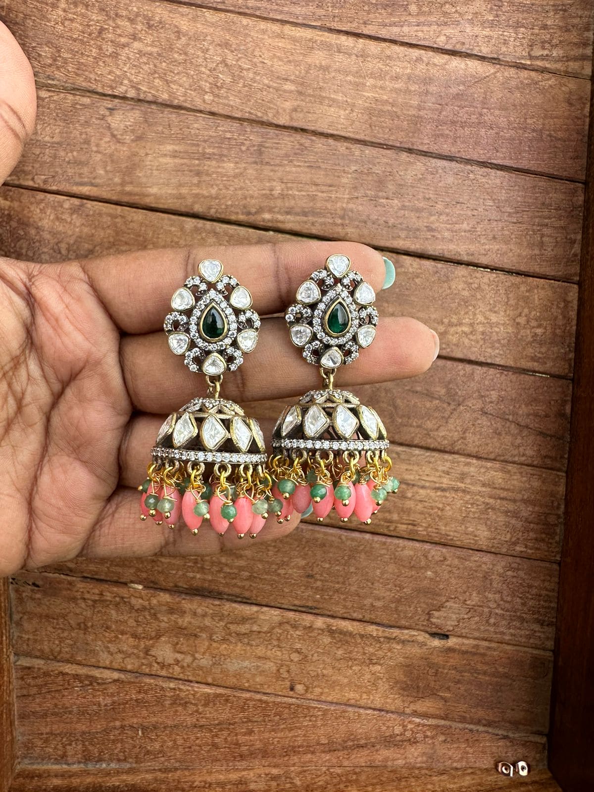 Moissanite victorian peach green unique jhumkas - Alluring Accessories