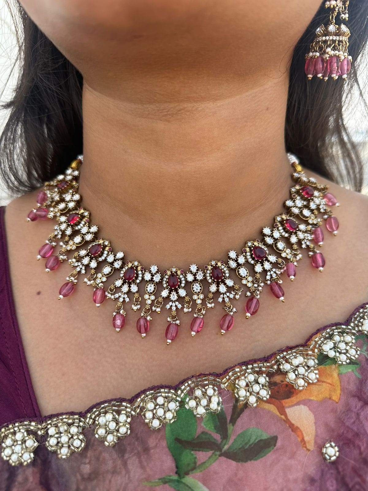 Moissanite wine red necklace with jhumkas - Alluring Accessories