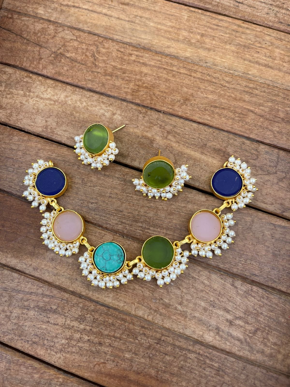 Multi coloured round natural/druzy stone necklace - Alluring Accessories