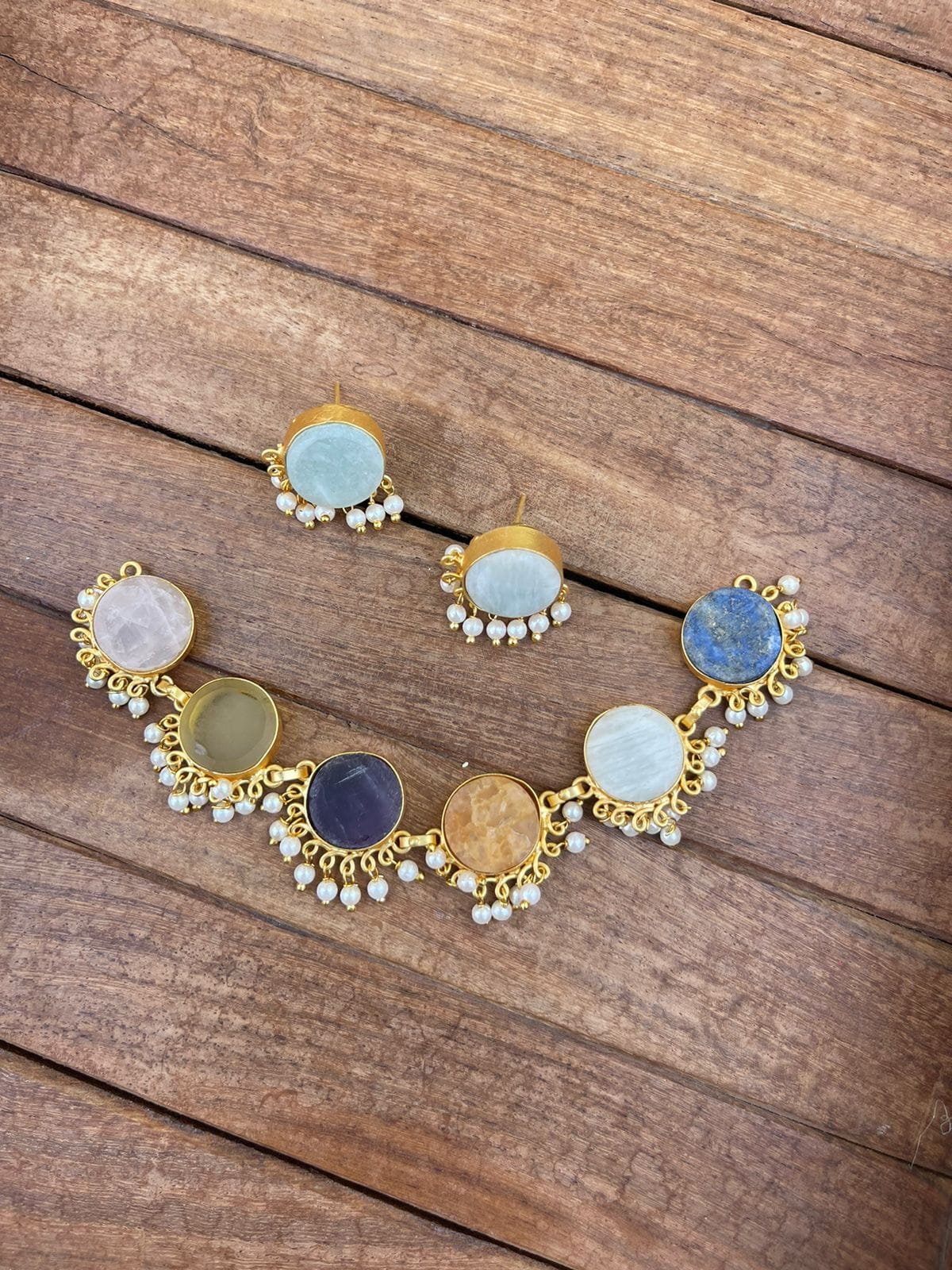 Multi coloured round natural/druzy stone necklace - Alluring Accessories