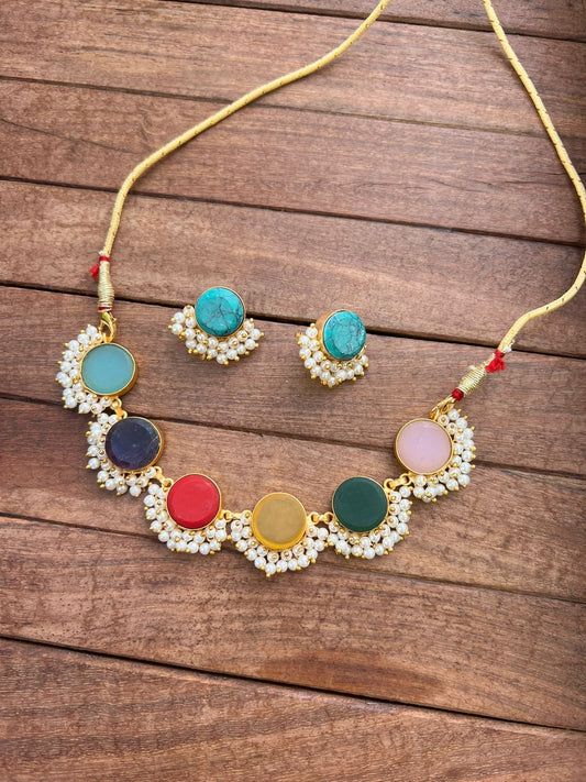 Multi coloured round natural/druzy stone necklace - Alluring Accessories