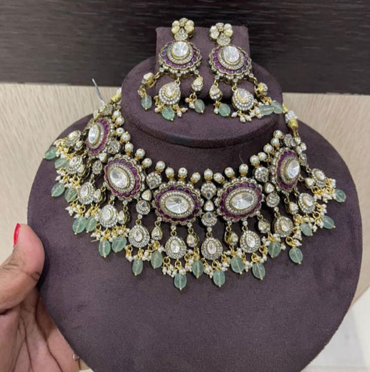 Oval kundan heavy look choker with earrings - Alluring Accessories