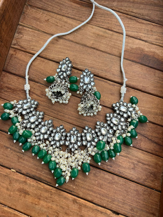 Oxidised kundan necklace with jhumkas