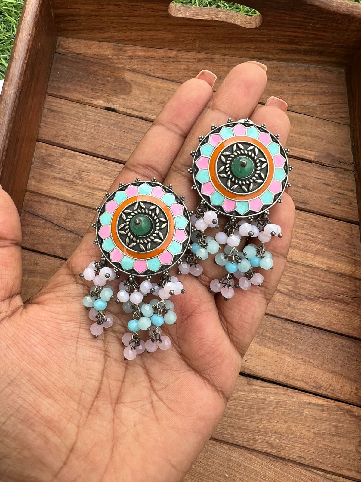 Oxidised pearl hanging earrings