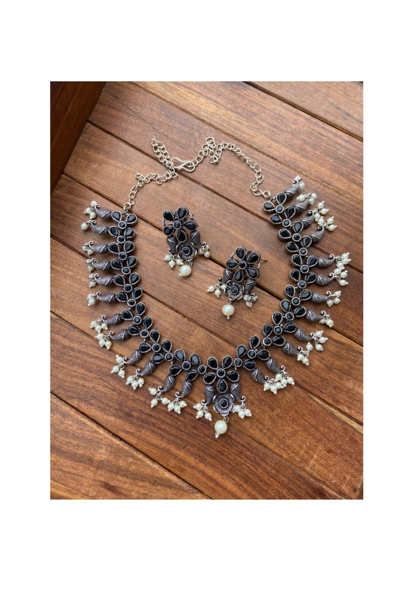 Oxidised pearls flower neckset with matching earrings - Alluring Accessories