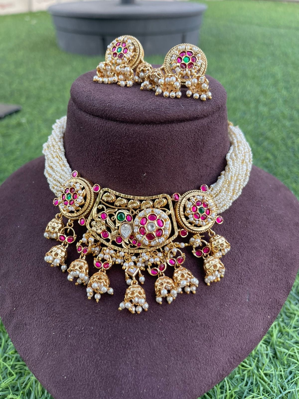 Pacchi kundan peacock flower jhumkas choker - Alluring Accessories